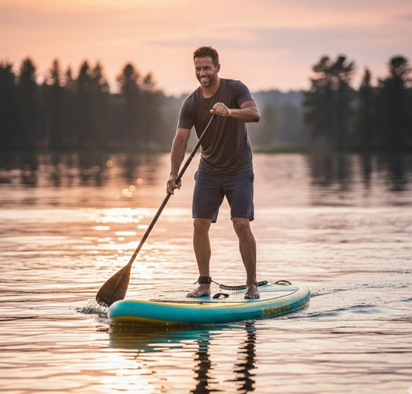 man on an inflatable paddle board