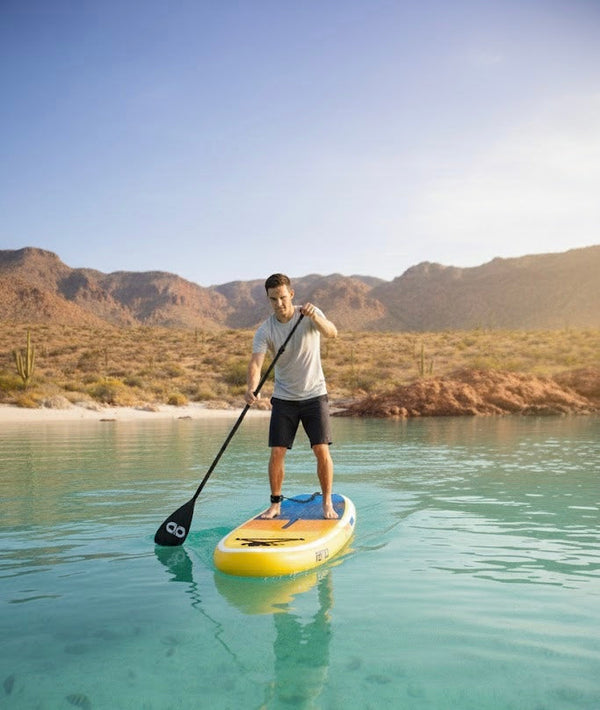 man on an inflatable paddle board