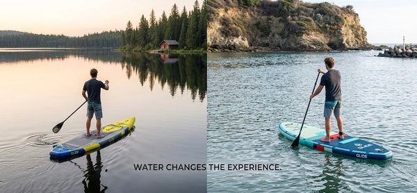 Paddle boarders on lake and coastal water demonstrating different places to paddle board