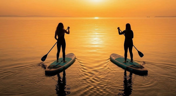 women on paddle boards at sunset