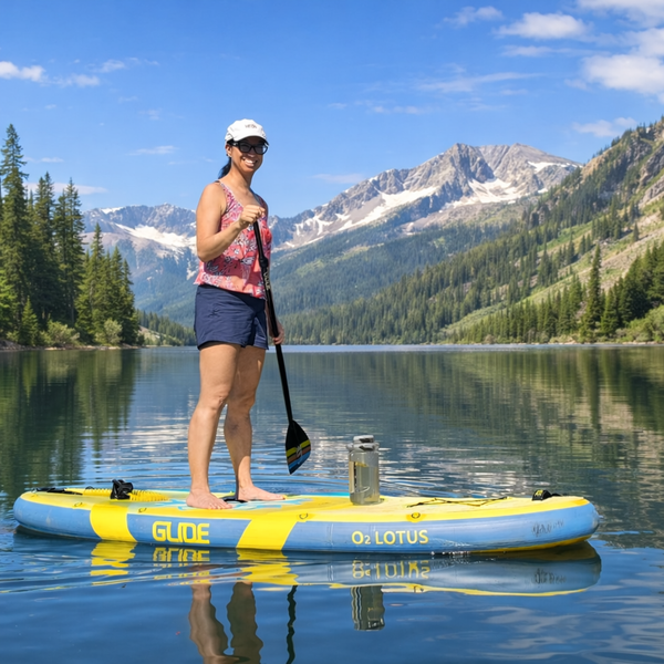 woman on an inflatable paddle board